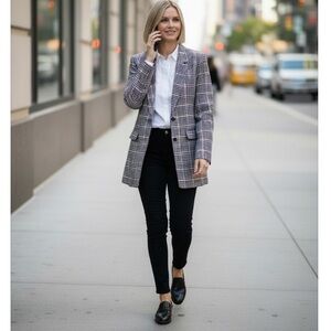 Plaid Blazer Oversized Soft Brush wool blend Tweed Blazer black white NWT